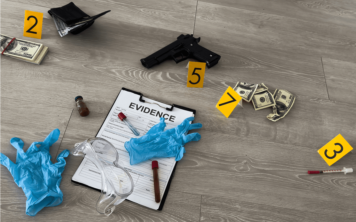 Crime scene evidence on wooden floor