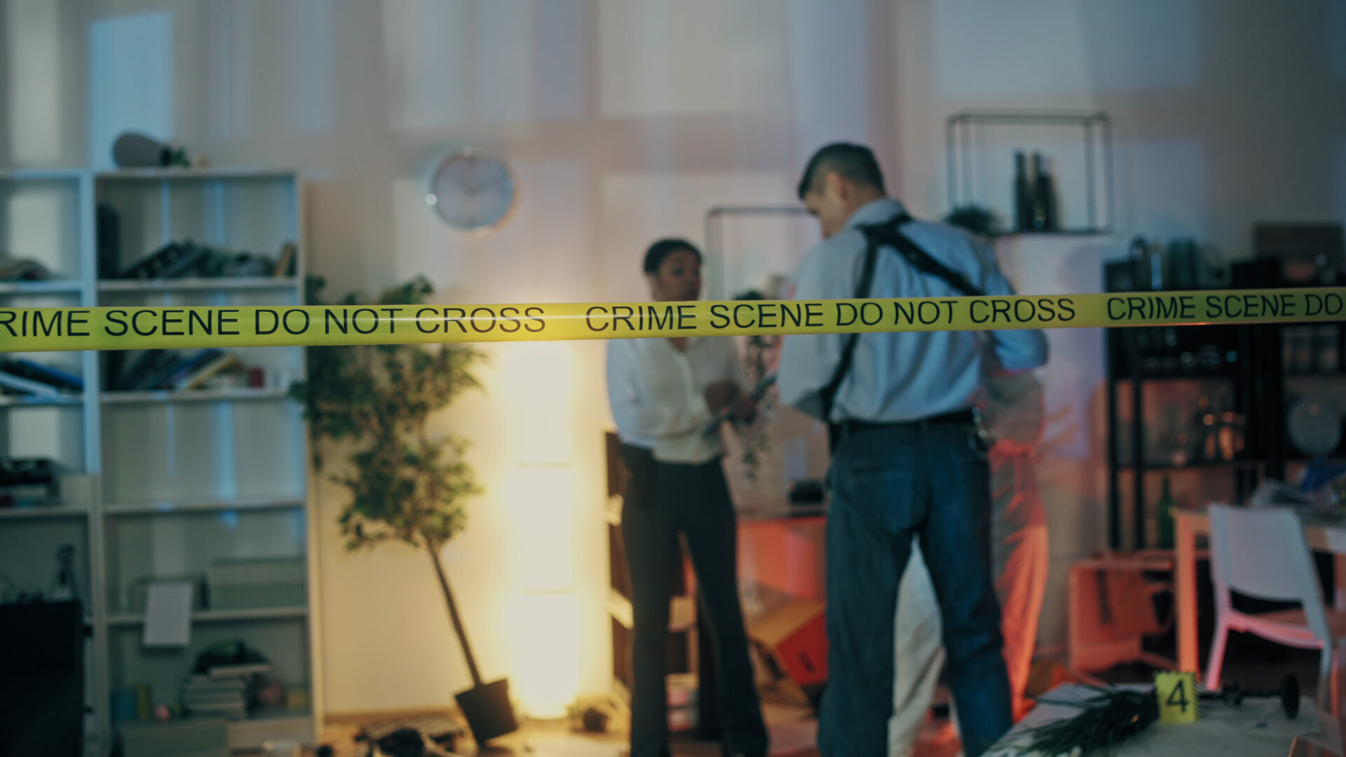 Crime scene with detectives investigating