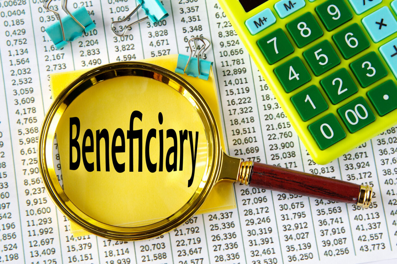 Calculator and beneficiary paperwork
