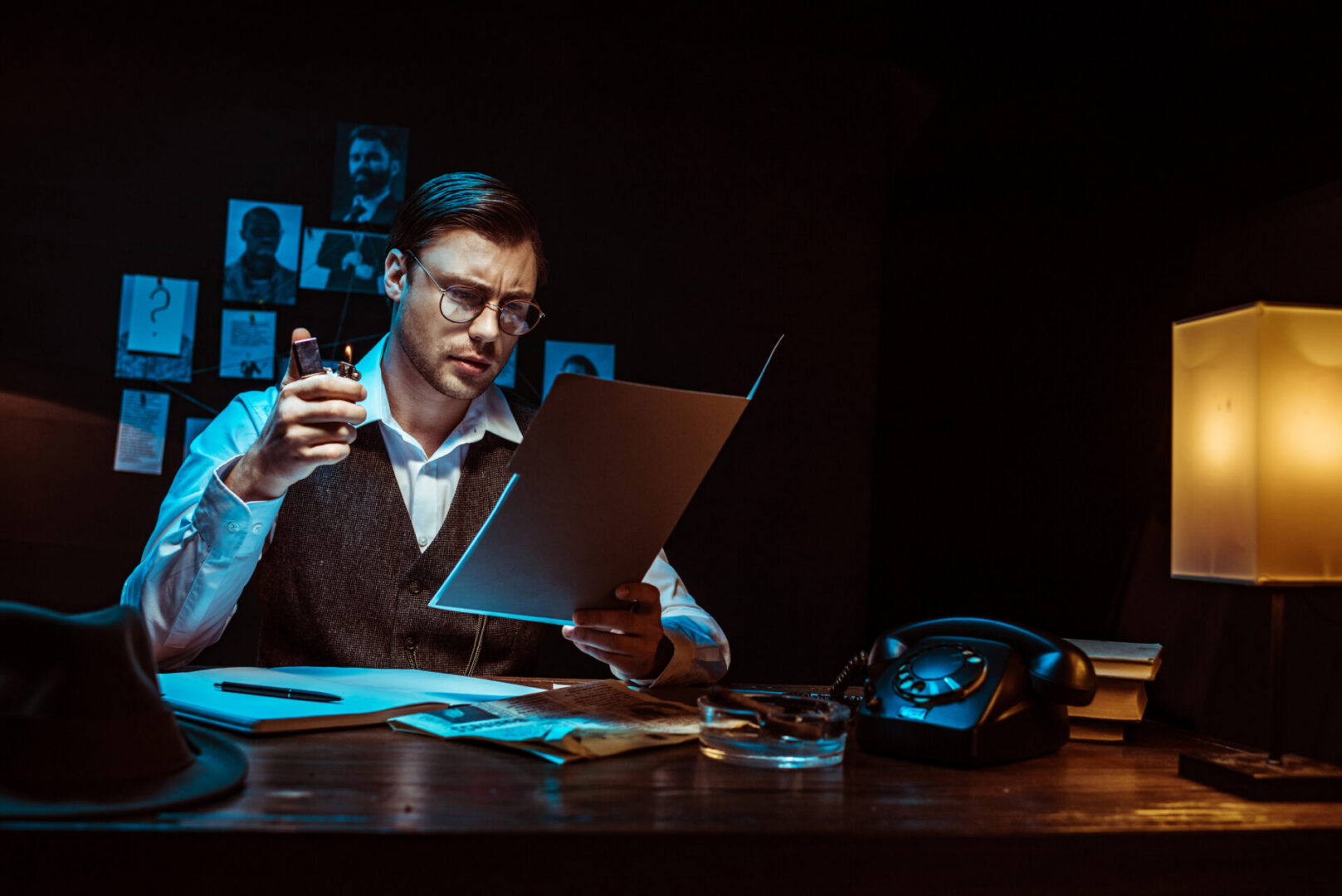 Detective examining documents at desk