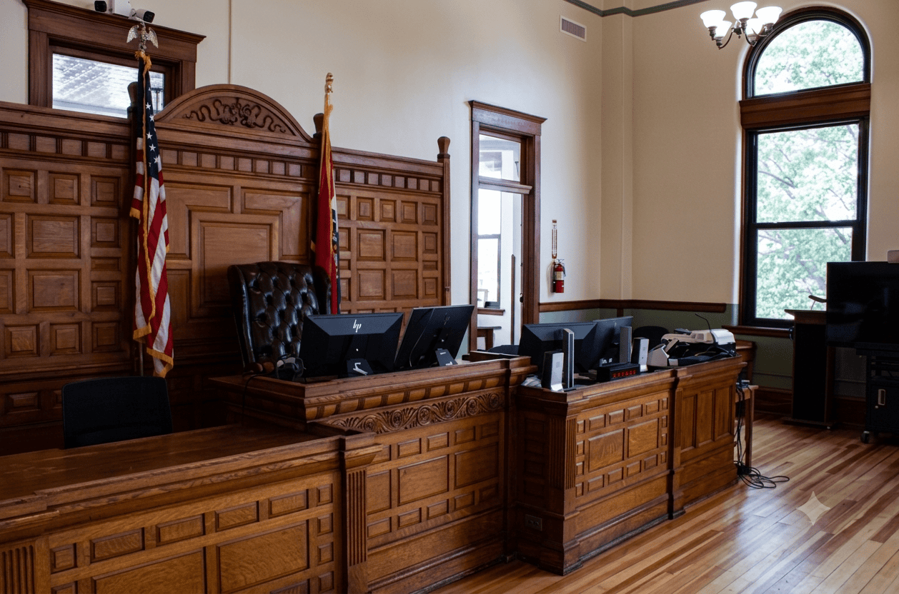 Empty courtroom with wooden bench and American flag