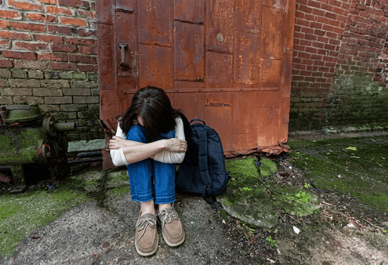 Person with backpack curled up by rusted door