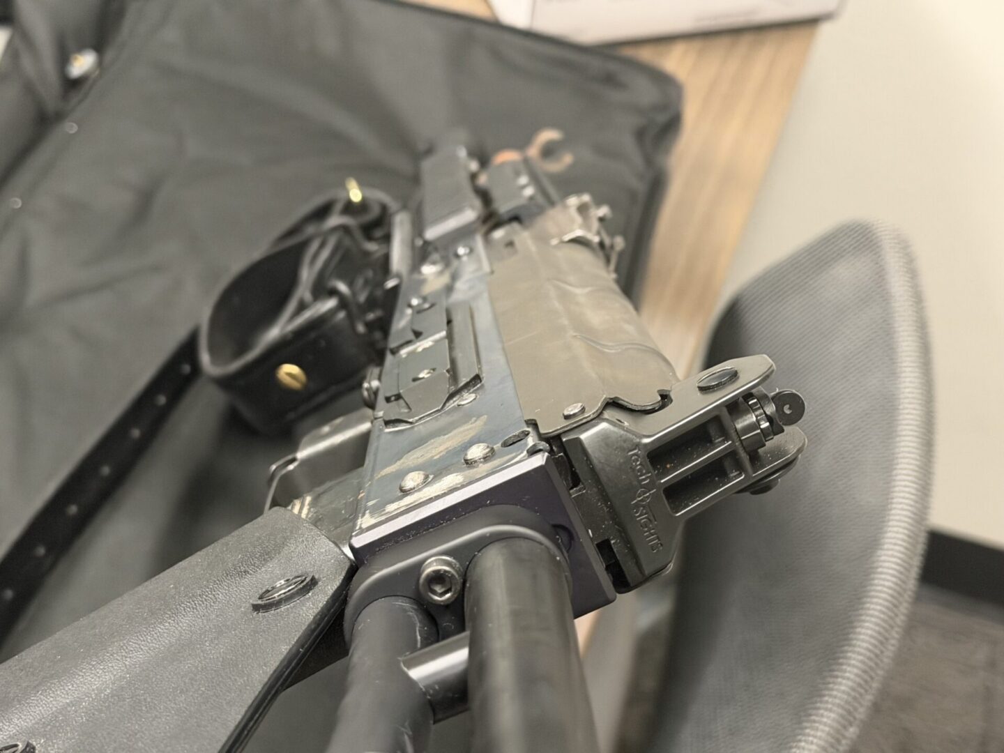 Close-up of black firearm on tabletop